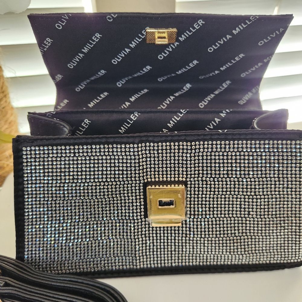NEW!! Olivia Miller Women's Handbag With Strap Black Silver Dazzling Rhinestones - Picture 6 of 15